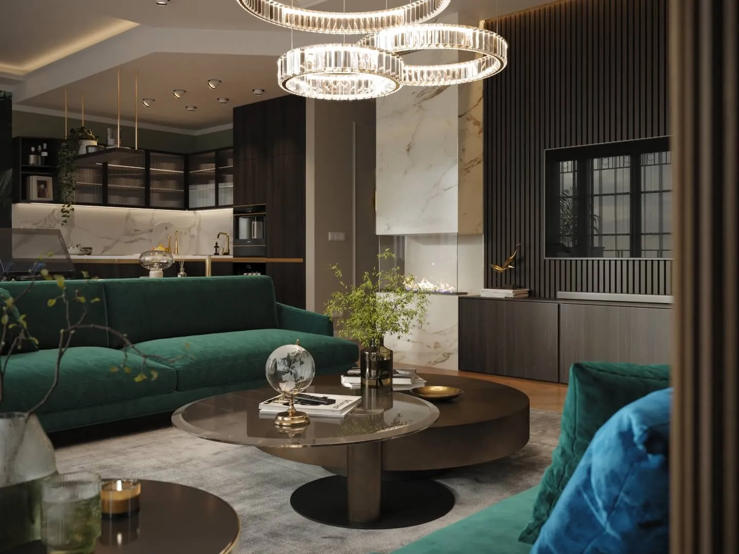 Emerald Penthouse vibrant living room interior design and 3D visualizations by Amery Digital