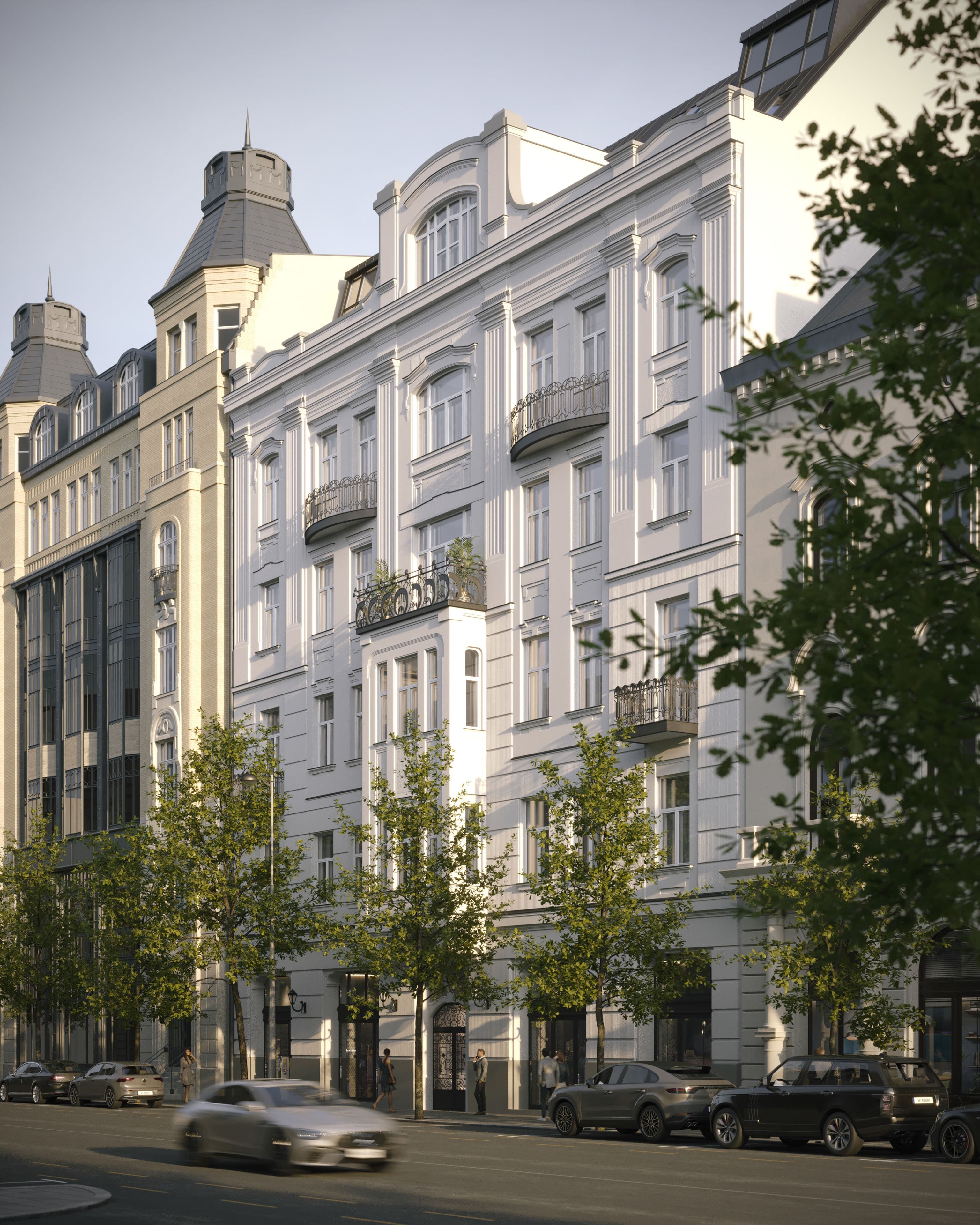 Restored Secession building of Alkotmány 27 in Budapest with its corner tower and rooftop extension, 3D rendering