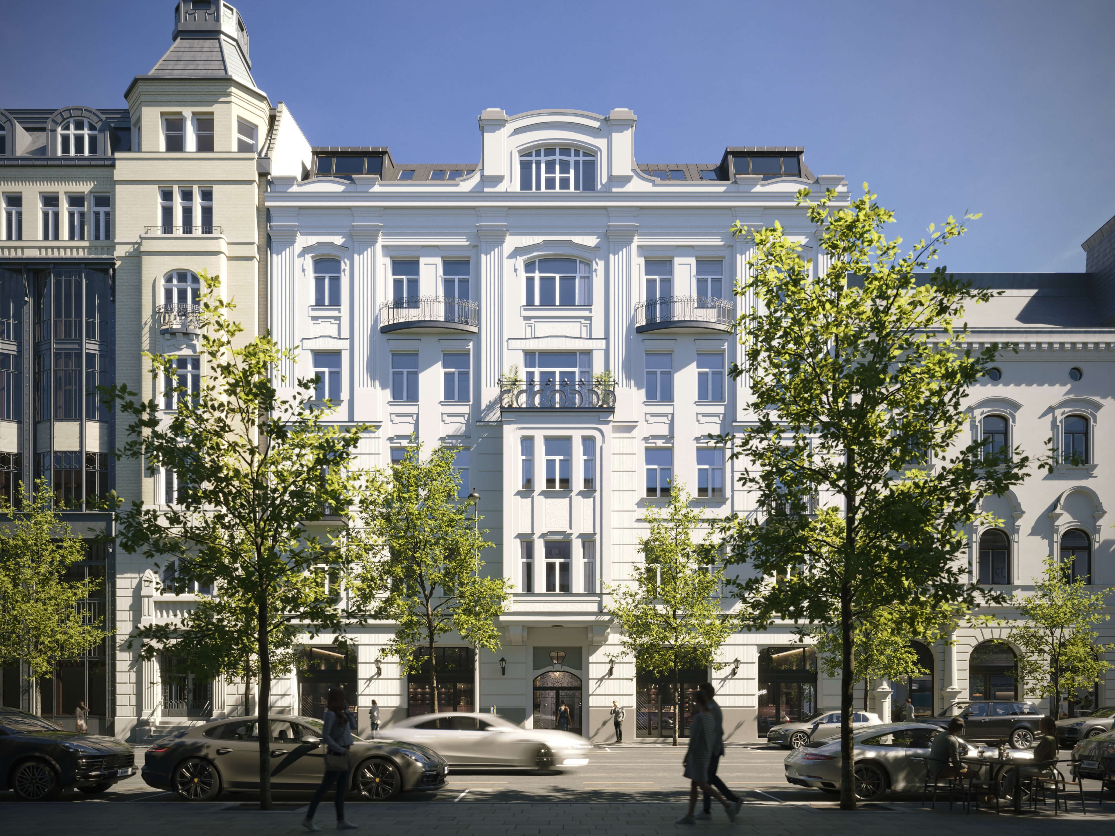 Alkotmány 27 after restoration with two added rooftop floors behind the ornate parapet, 3D rendering