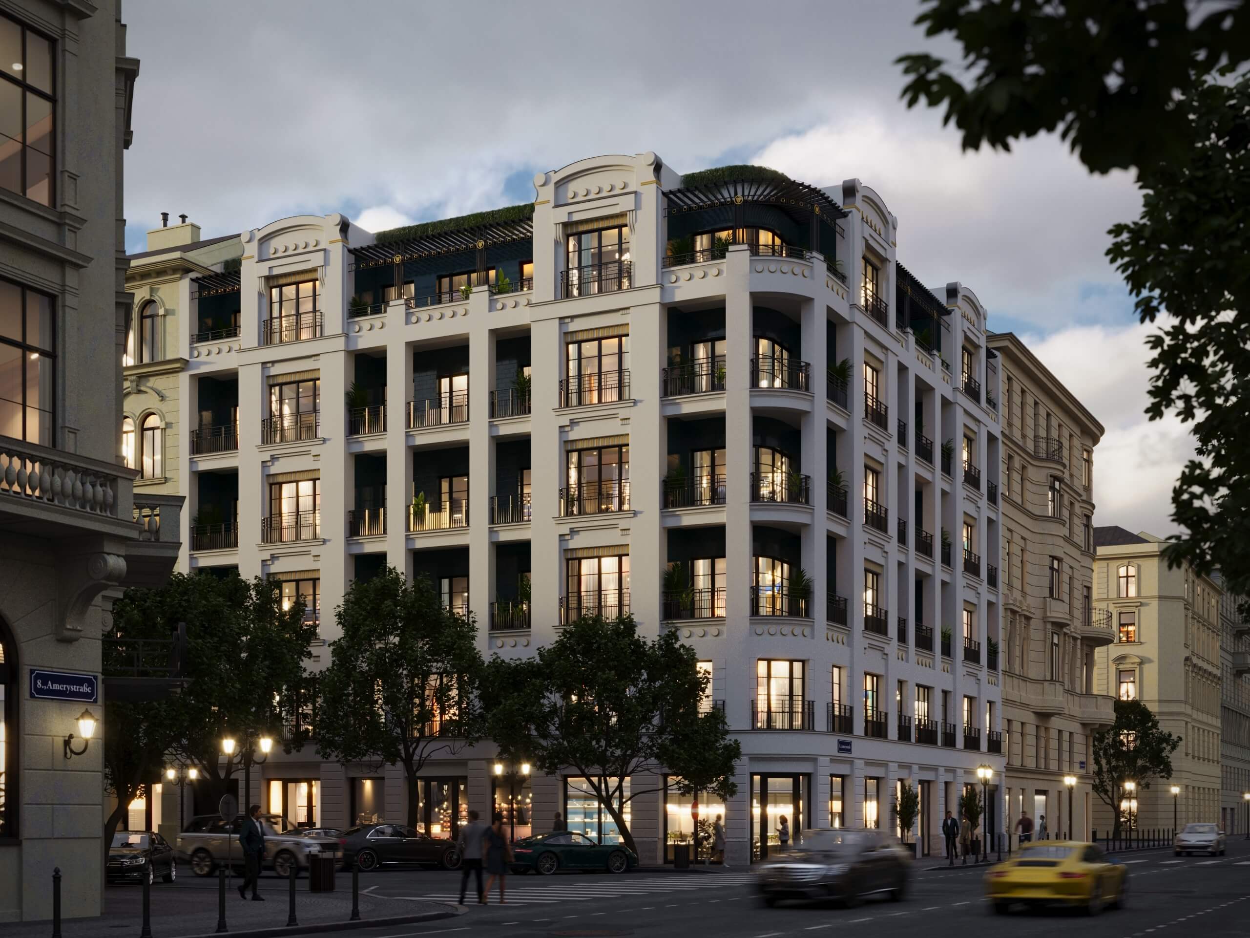 Amery Residence seen along the side street at dusk with warmly lit windows, 3D rendering