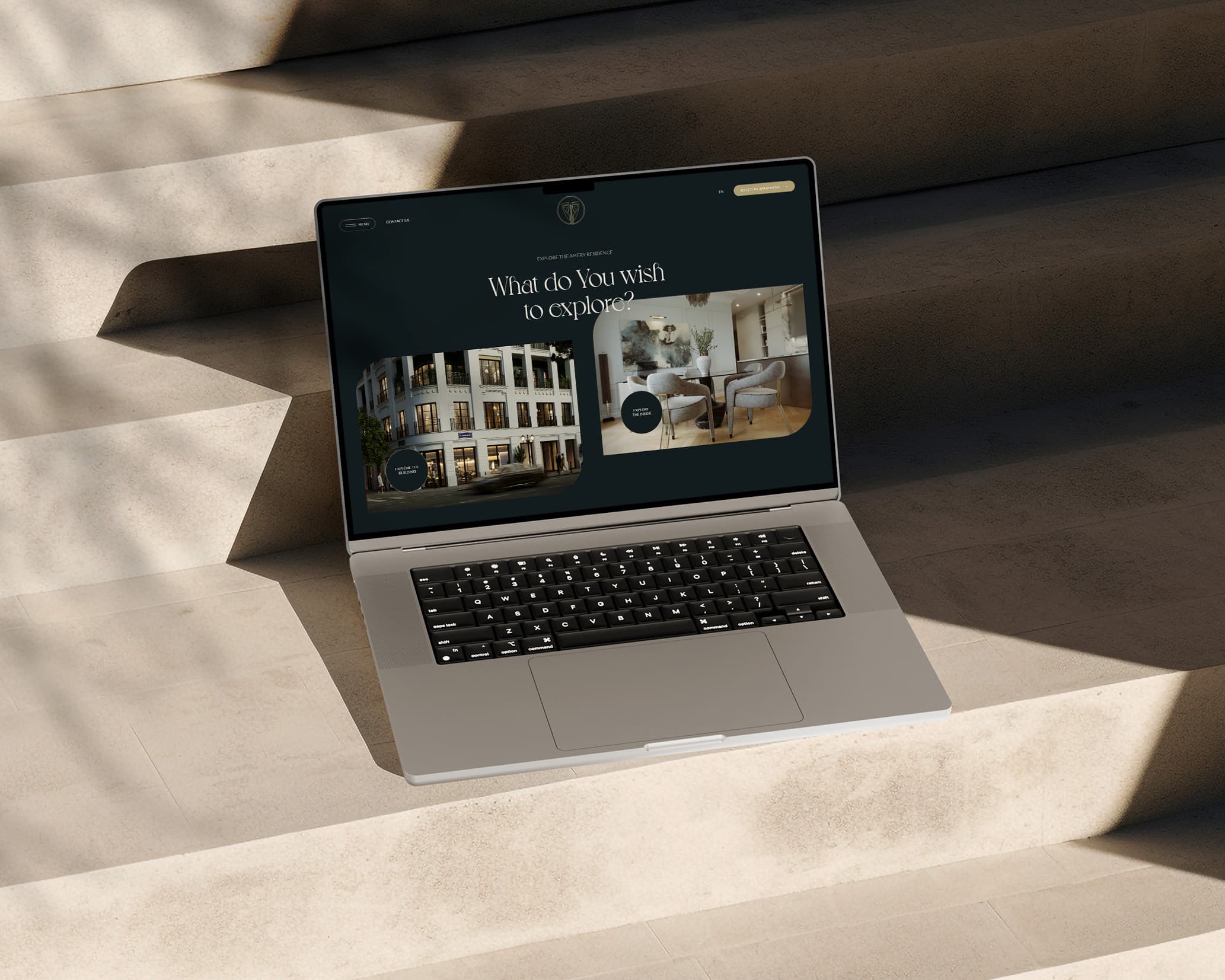 Amery Residence promo website open on a laptop, the hero screen asking what to explore, UI design