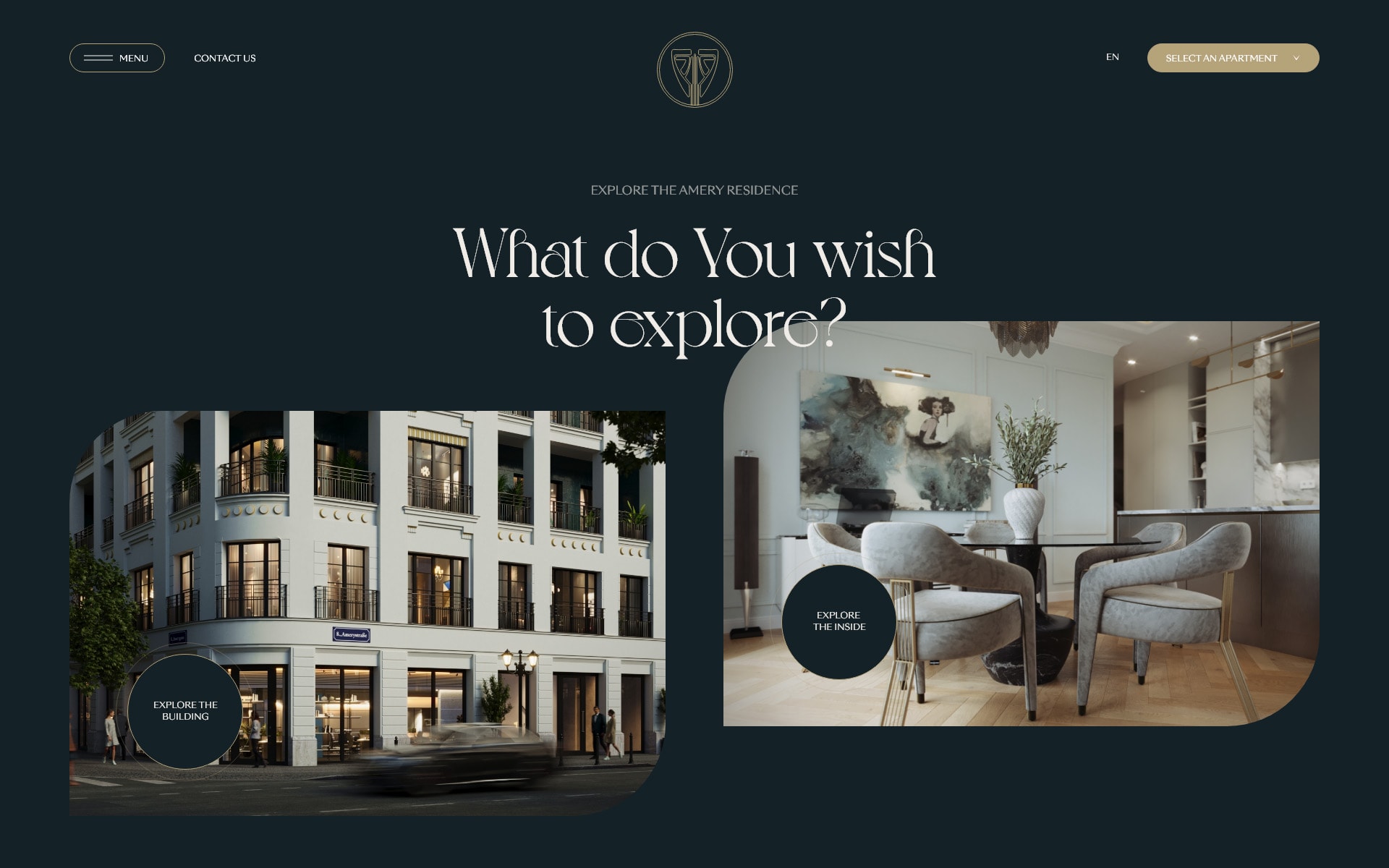 What do you wish to explore, the Amery Residence website entry screen with building and interior choices, UI design