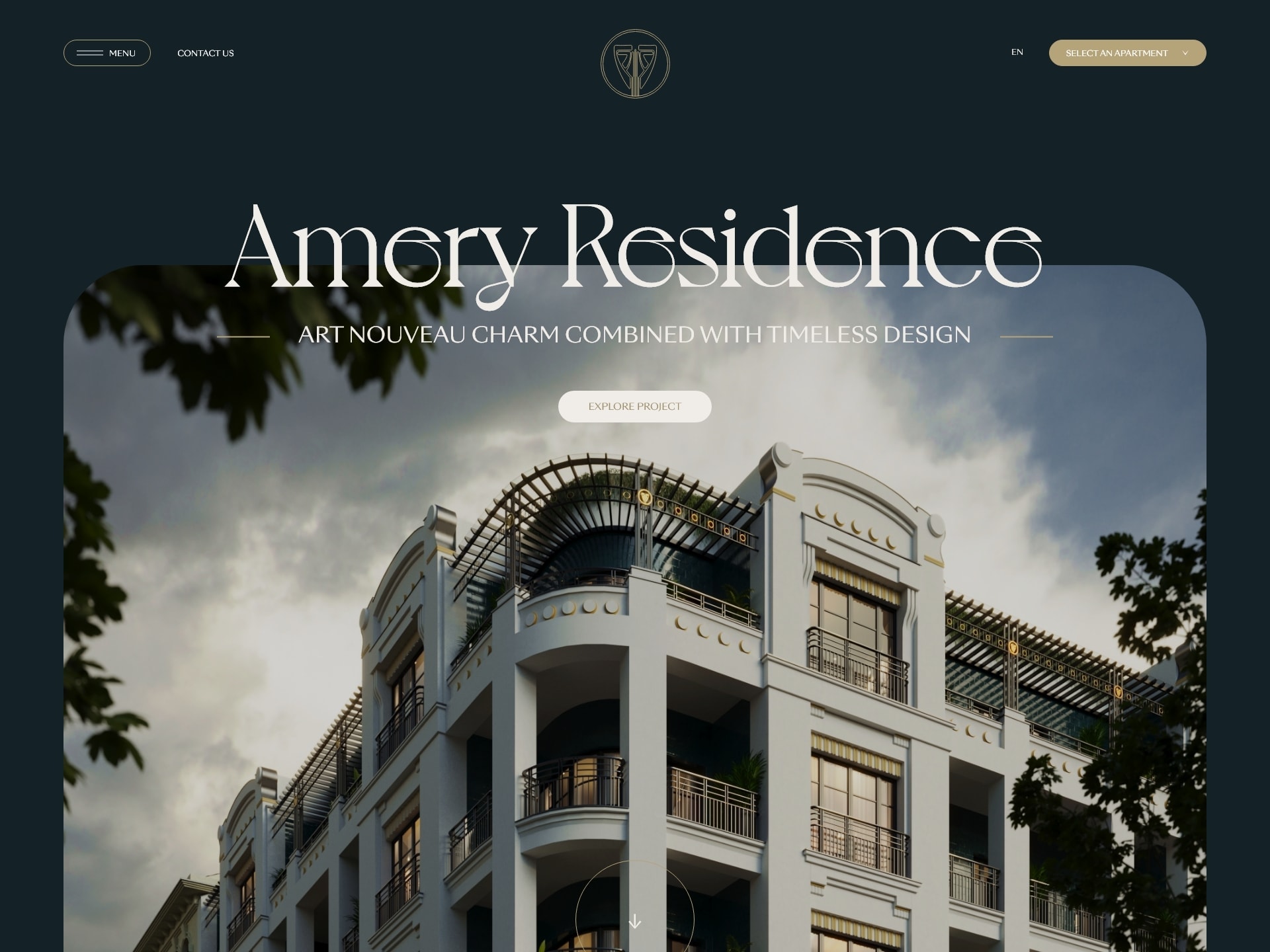 Amery Residence website hero with the tagline Art Nouveau charm combined with timeless design, UI design