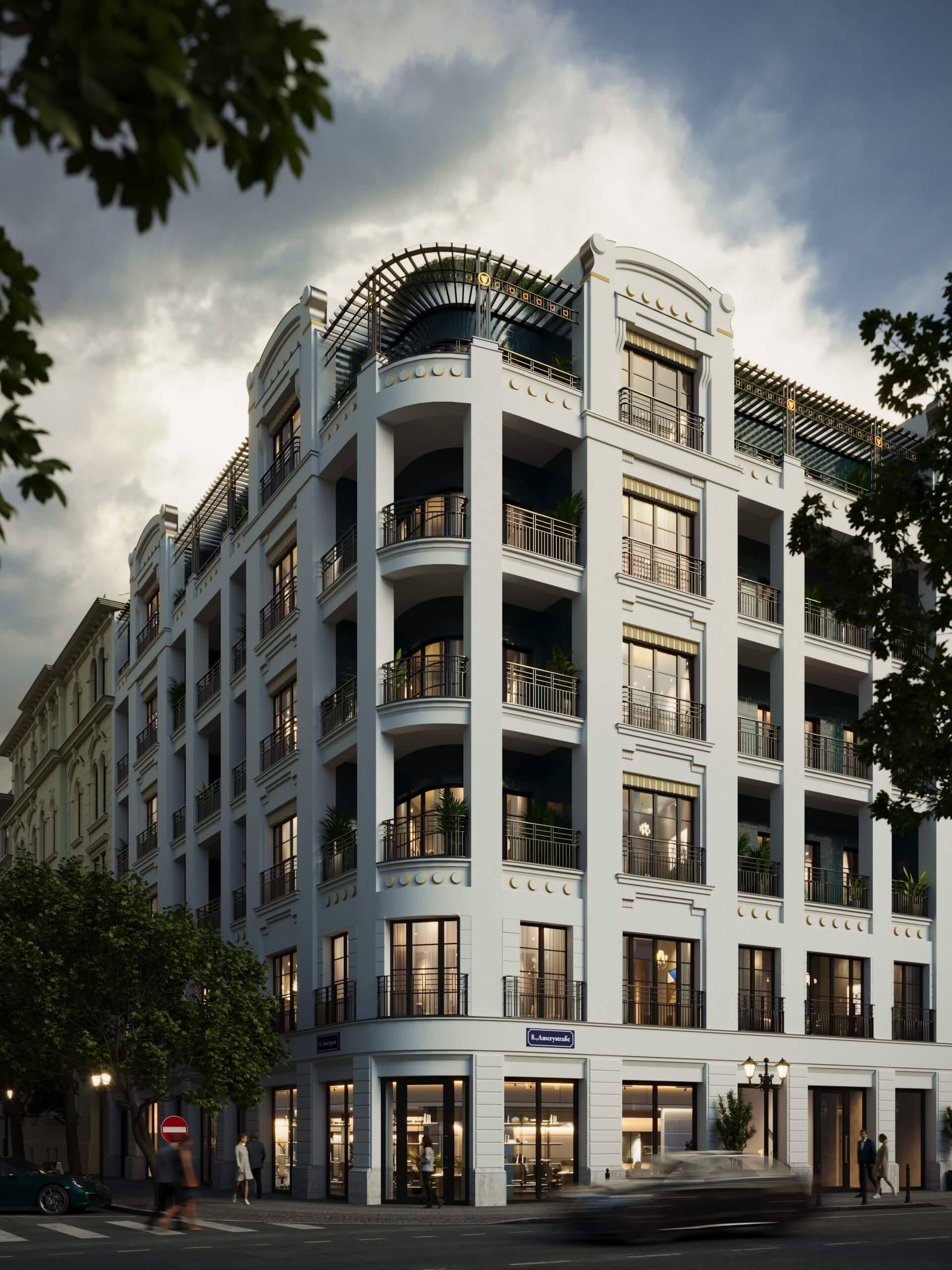 Amery Residence building corner at dusk as featured on the promo website, 3D rendering
