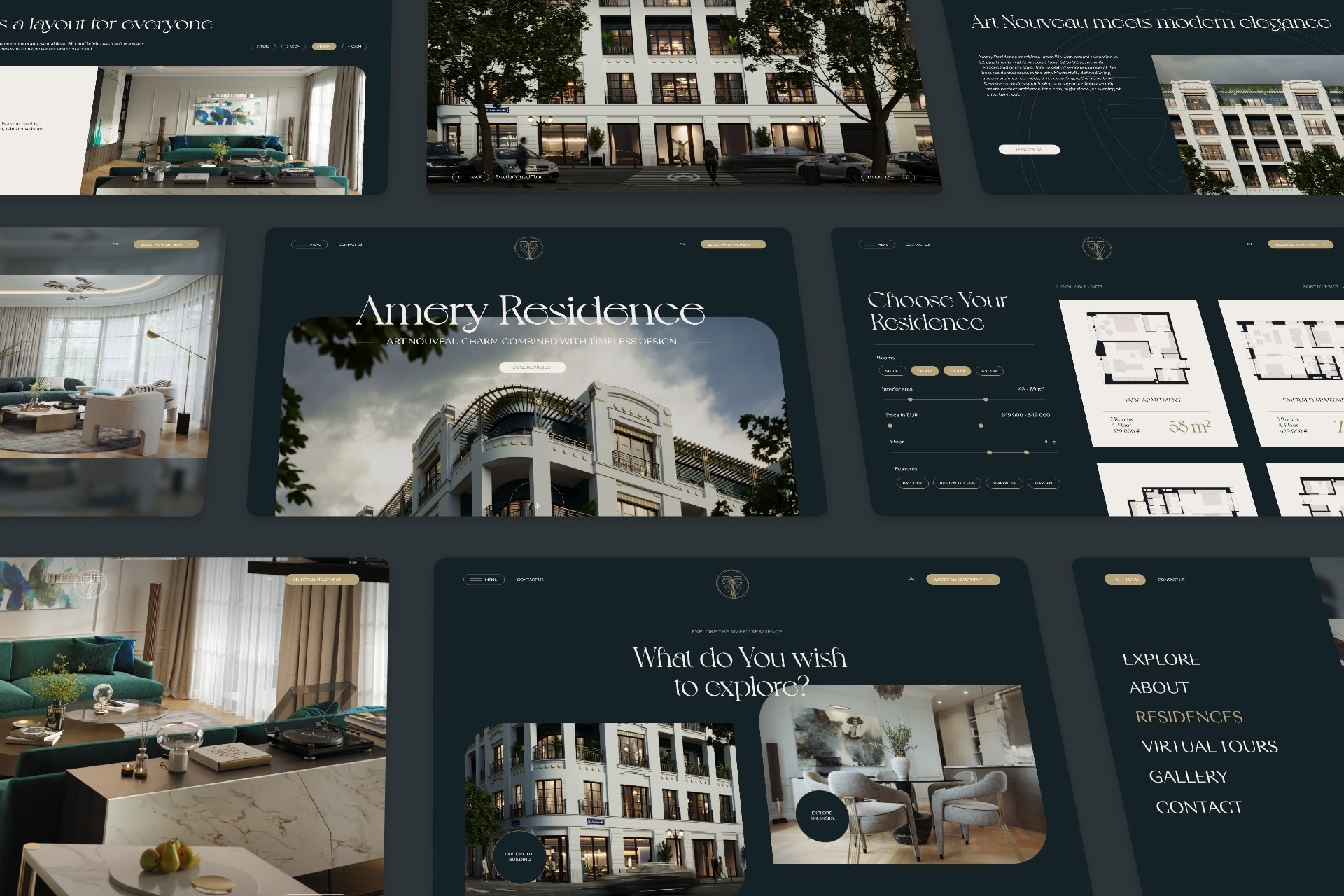 Overview of the Amery Residence website pages laid out as a grid, UI design