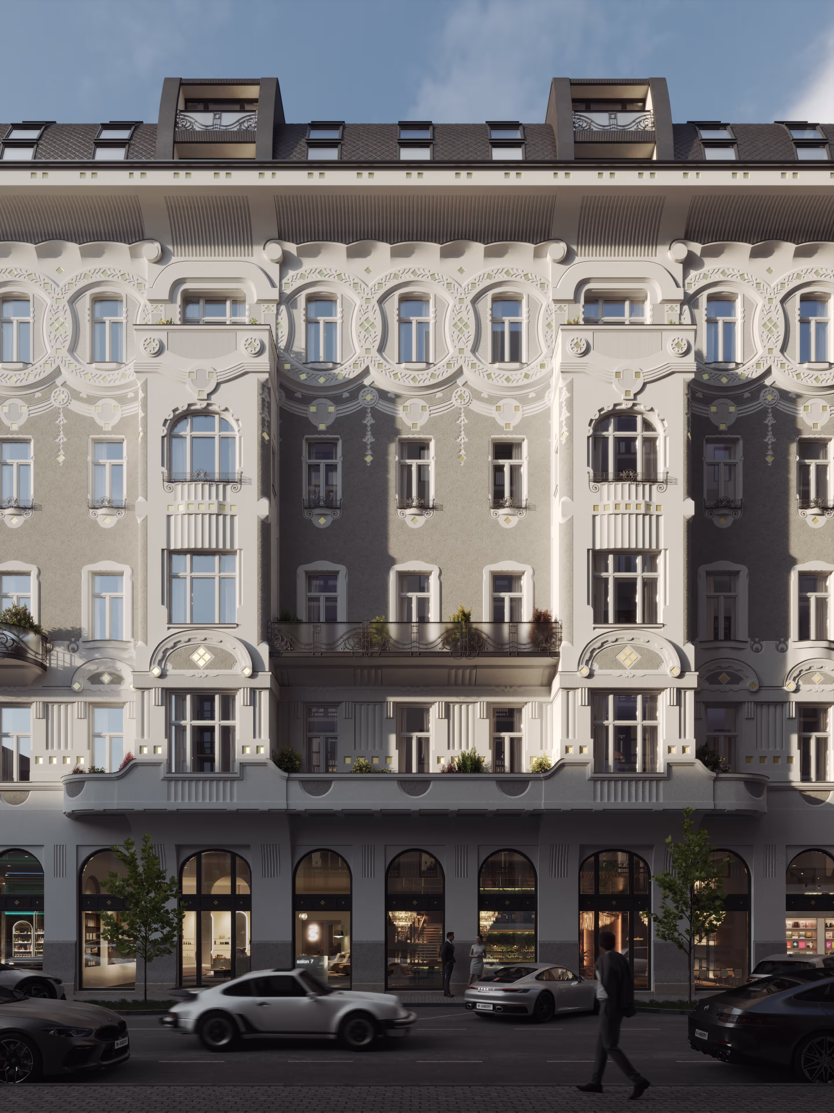 Street elevation of the restored Visegrádi 17 with arched ground-floor shops at dusk, 3D rendering