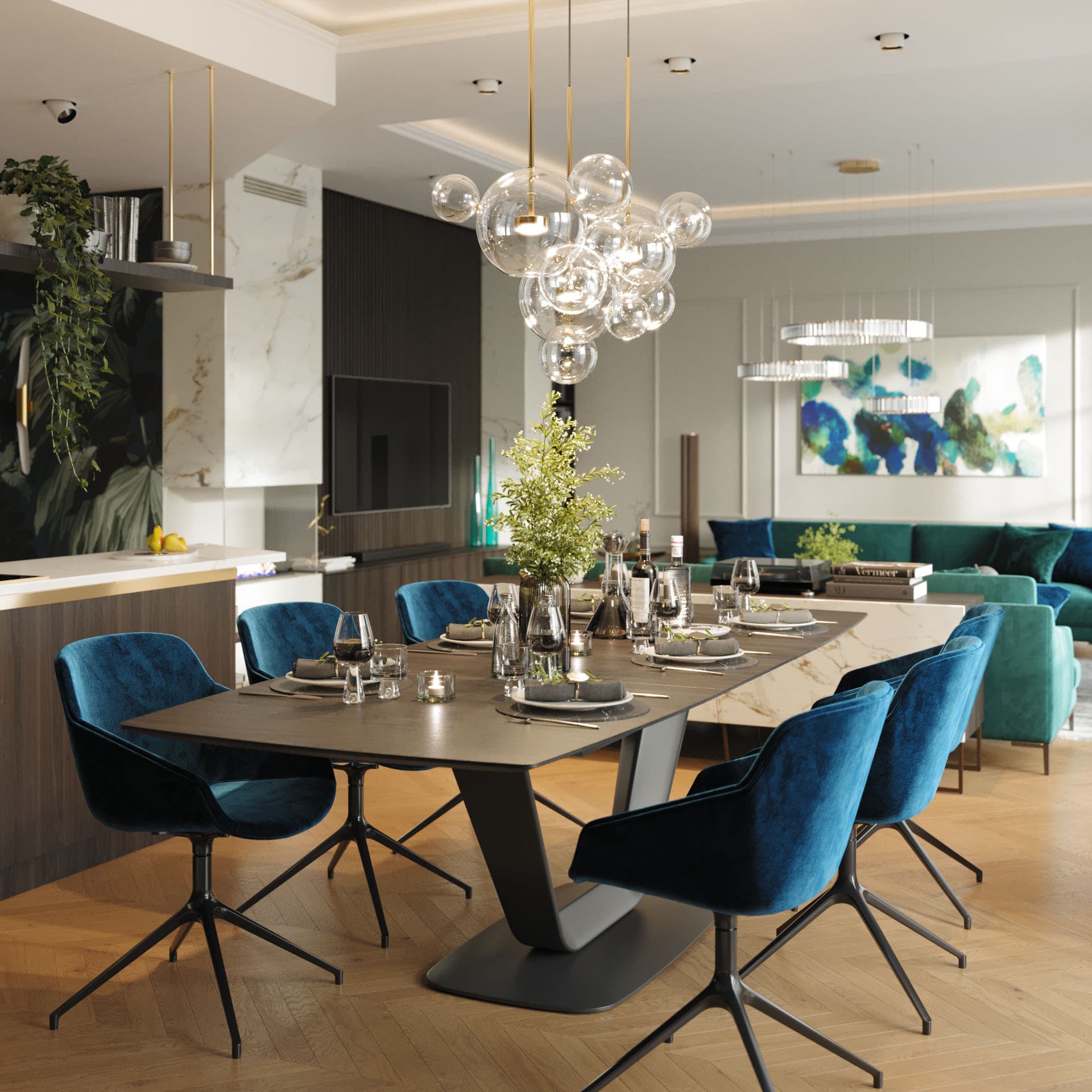 Emerald Penthouse dining table with royal blue velvet swivel chairs under a bubble chandelier, 3D rendering