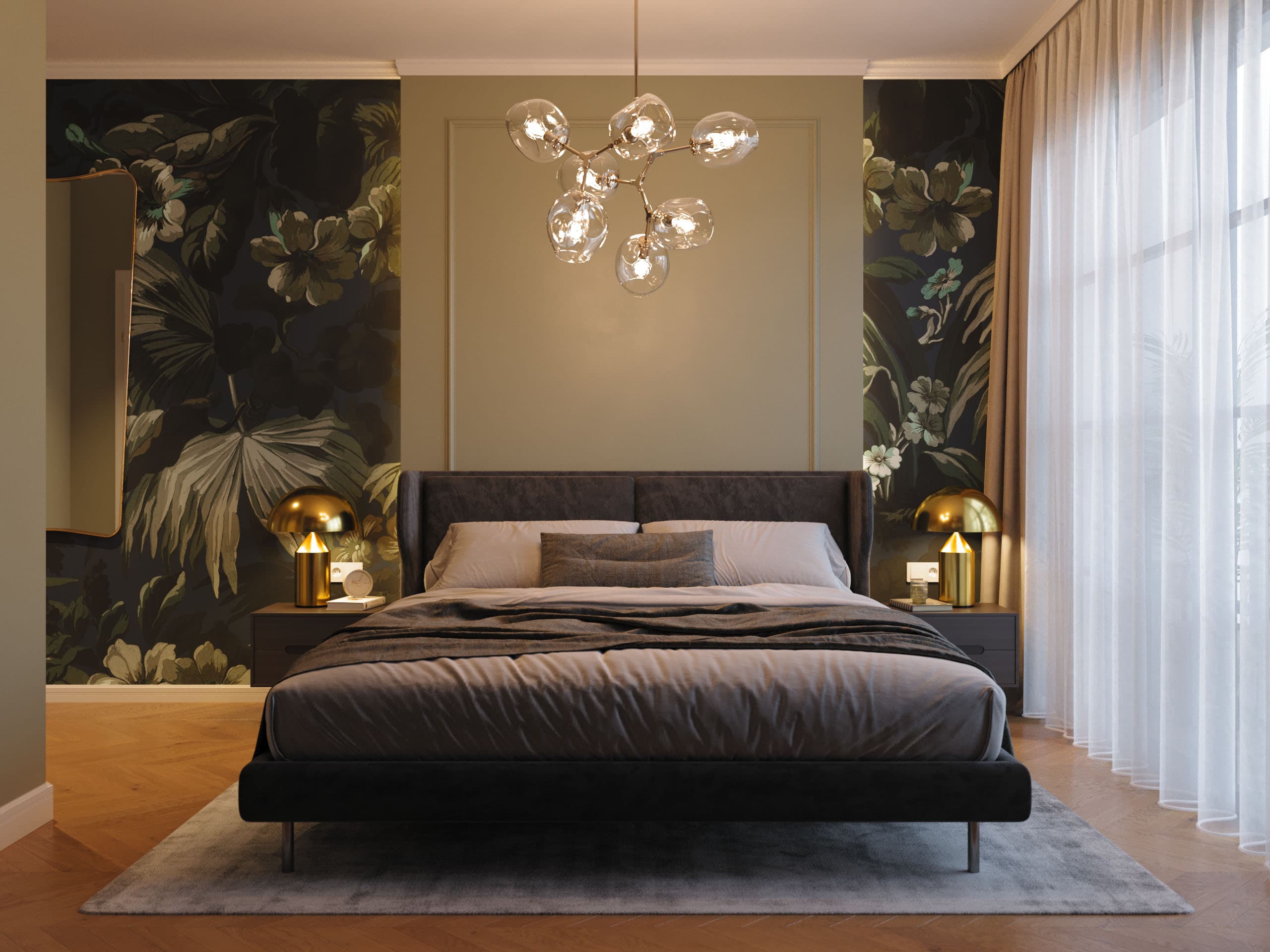 Emerald Penthouse bedroom with jungle wallpaper, brass table lamps and a bubble chandelier, 3D rendering