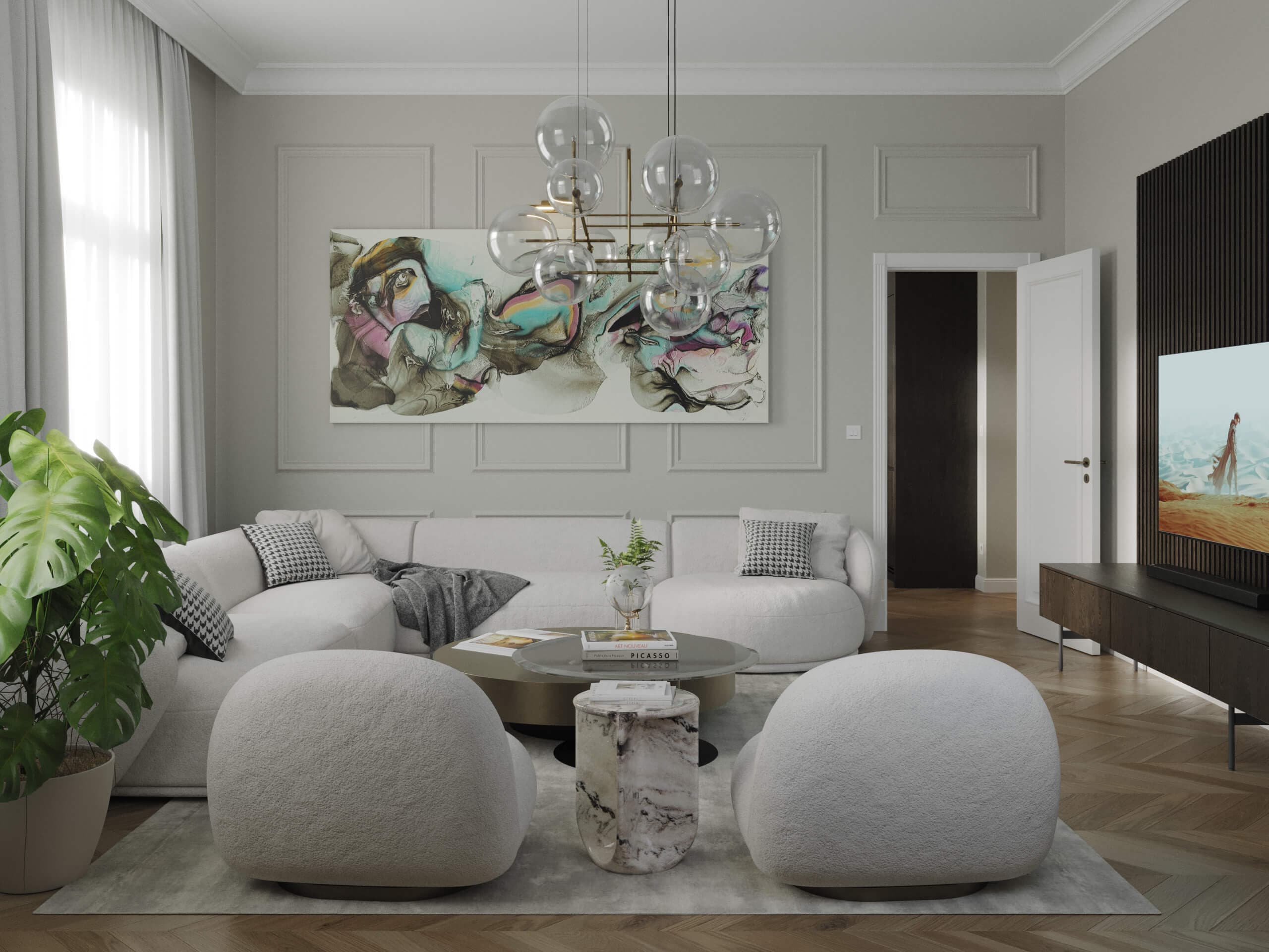 Fockygasse 22 living room with a TV wall, Meridiani seating and abstract art, 3D rendering