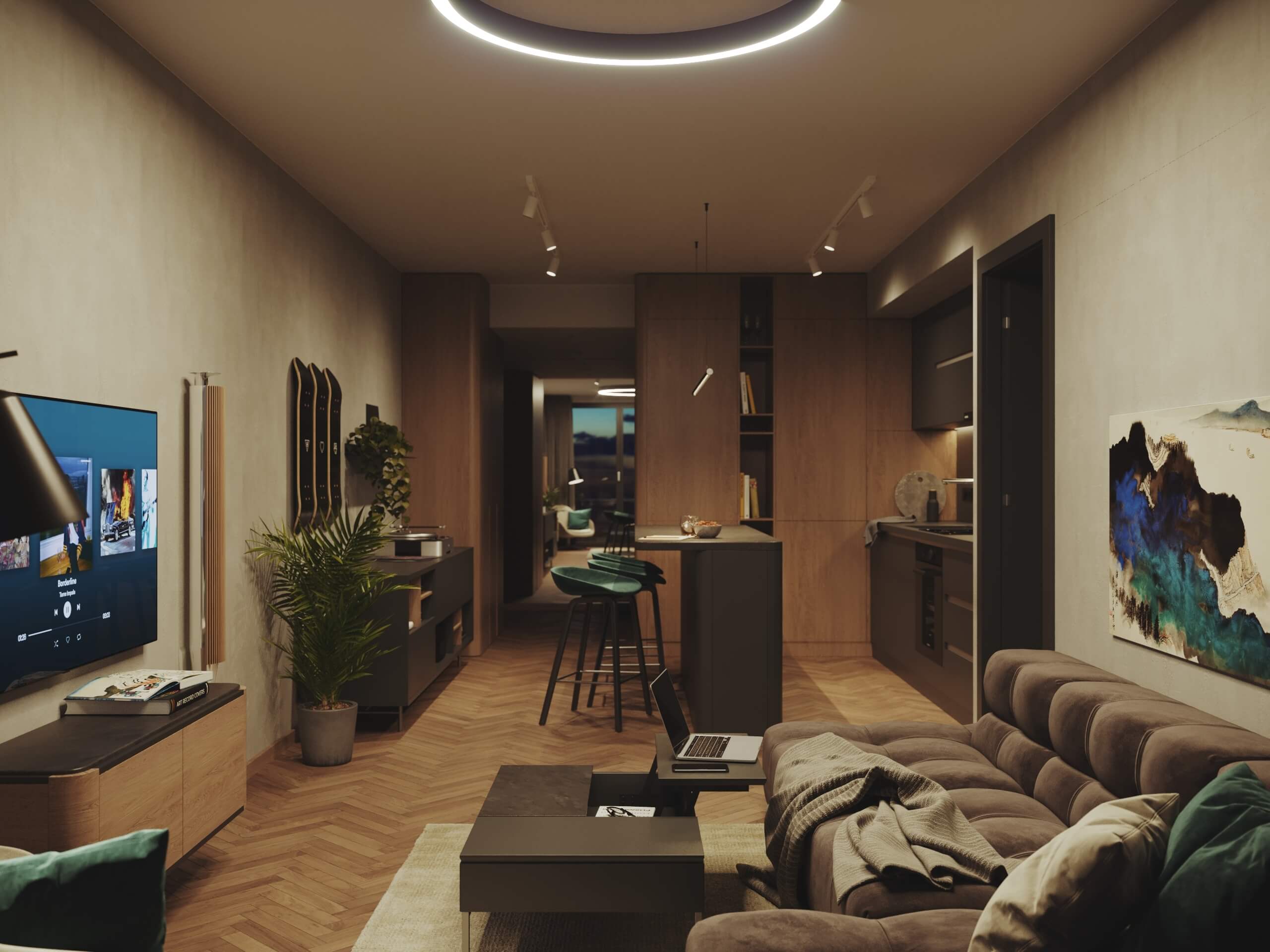 Marina Tower open-plan living area from the sofa towards the kitchen and entrance, 3D rendering