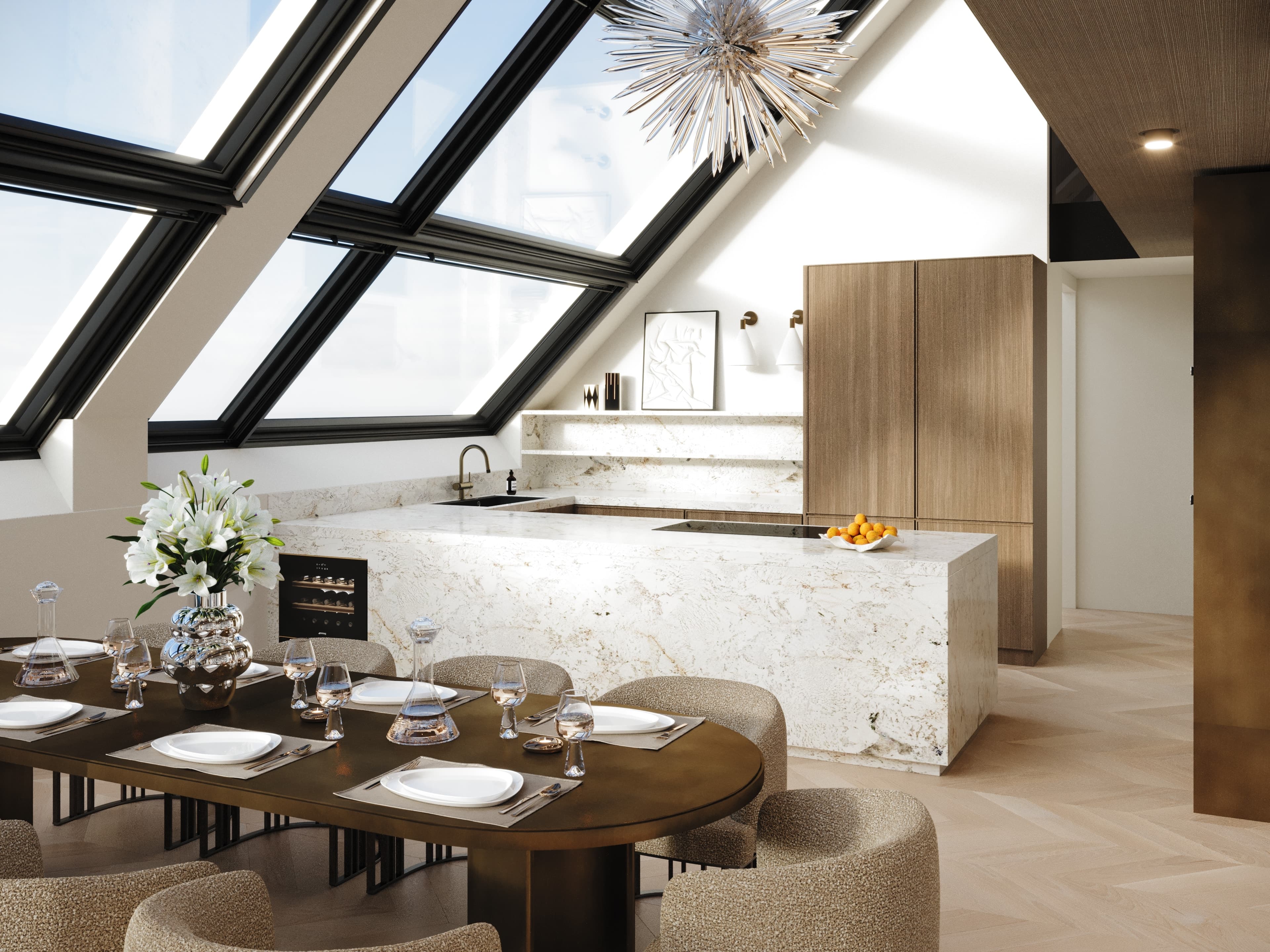 Kitchen with a veined marble island and oak cabinetry under the roof windows of the Wieden Duplex Penthouse, 3D rendering