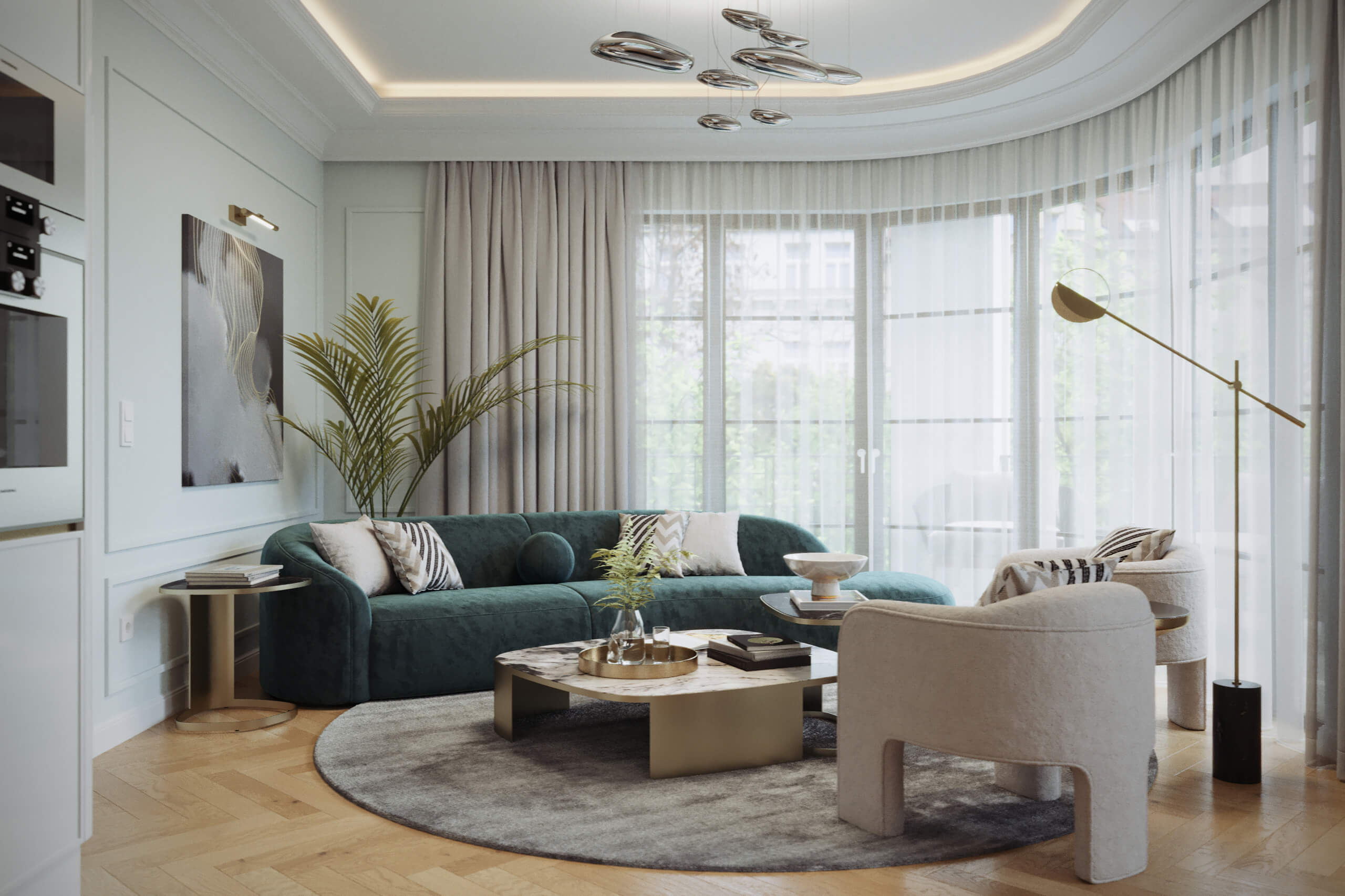 Vibrant and luxurious living room design based on Art Nouveau principles